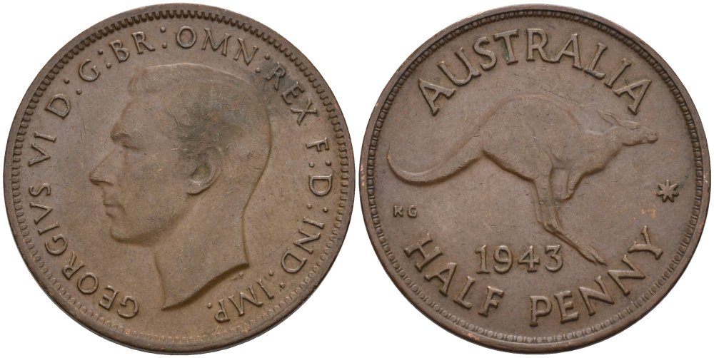 Австралия 1/2 пенни 1943 Кенгуру, Георг VI (1937-1952) KM 41 бронза 4579-124