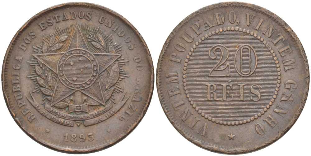 Бразилия 20 рейс 1893 Республика KM 490 бронза    1515-114