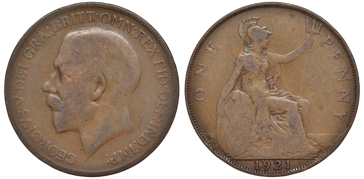 Великобритания 1 пенни 1921 Георг V (1910-1936) KM 810, Spink 4051 бронза 4123-1142