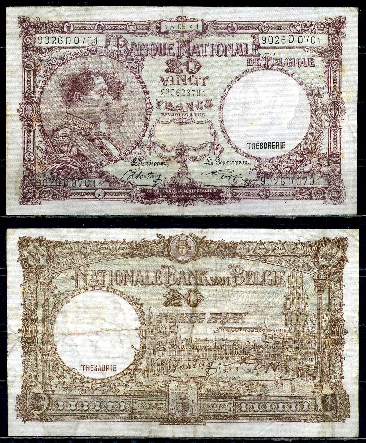 Бельгия 20 франков 1941 15.09.1941, Король Альберт I и его жена Королева Елизавета, Гран-Плас / Гроте Маркт, Брюссель Pick 111 (2) бумага 6301-30-1-1