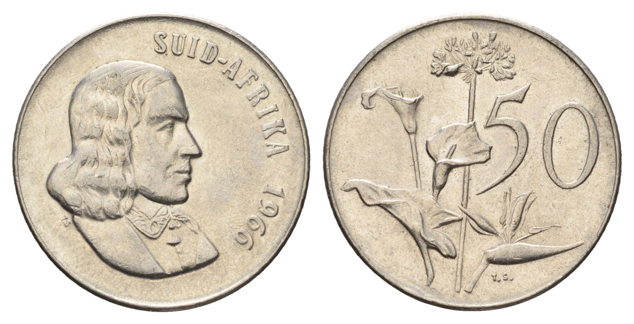 ЮАР 50 центов 1966 Ян ван Рибек (1619-1677), Suid Africa, легенда на африкаанс, Зантедеския Эллиота (калла) KM 70.2 никель 4604-1026