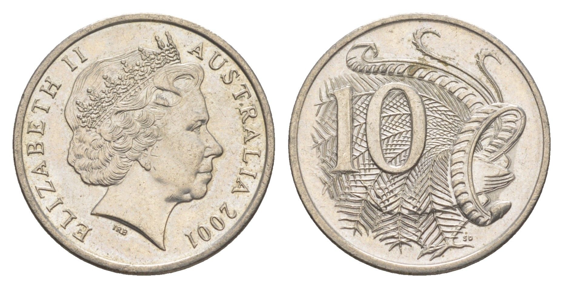 Австралия 10 центов 2001 Елизавета II (1952-2022), птица лирахвост KM 402 медно-никель 4384-423