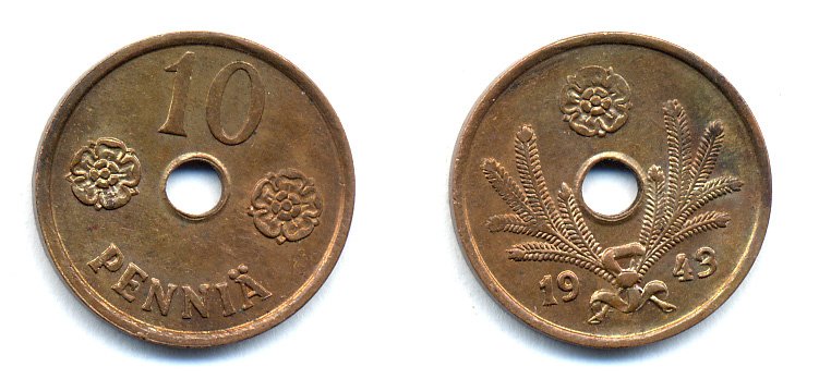 ФИНЛЯНДИЯ 10 ПЕННИ 1943 KM 33.1 медь 51-5037