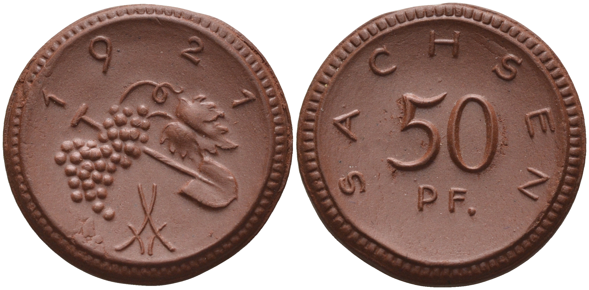 Саксония 50 пфеннигов 1921 виноград и лопата J. N 54 фарфор 1094-6-83