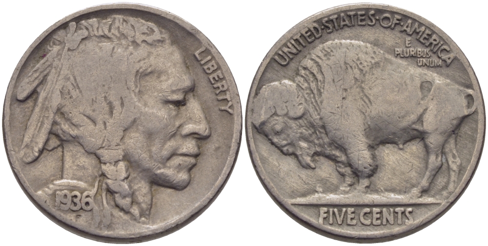 США 5 ЦЕНТОВ 1936 ИНДЕЕЦ, БИЗОН KM 134 медно-никель 63-726