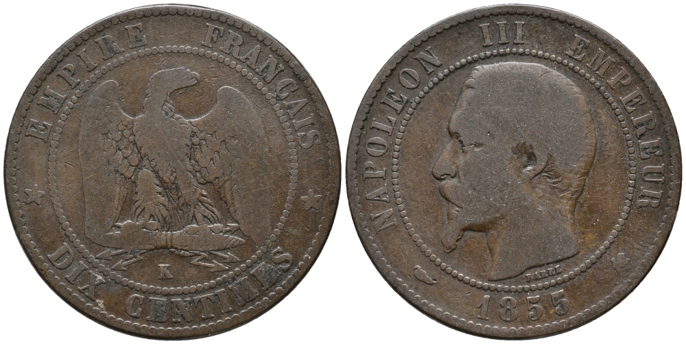 ФРАНЦИЯ 10 САНТИМОВ 1855 К, НАПОЛЕОН III (1852-1870) KM 771.5, LE FRANC 133.26 бронза 32-924