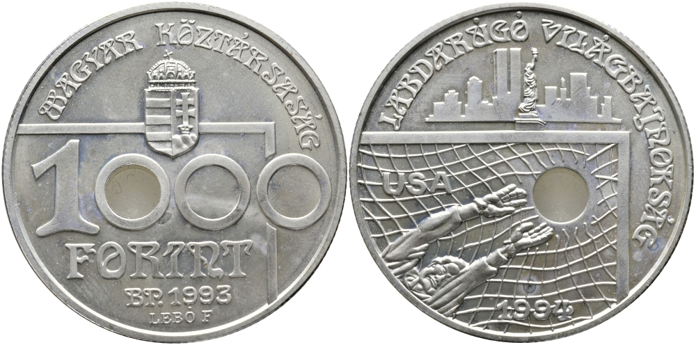 Венгрия 1000 форинтов 1993 ВР, чемпионат мира по футболу В США KM 706 серебро UNC 04-101-24