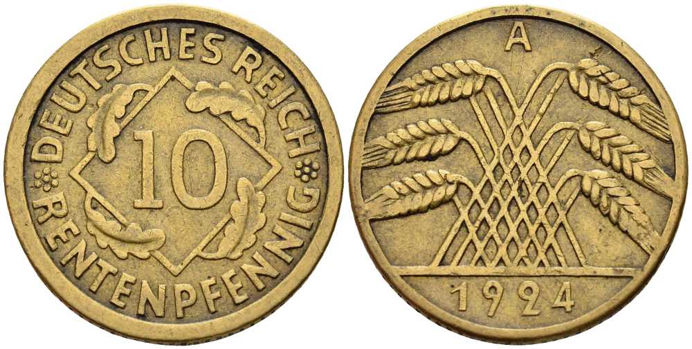 ГЕРМАНИЯ 10 РЕНТЕНПФЕННИГОВ 1924 А KM 33, J. 309 алюминиевая бронза 4401-355