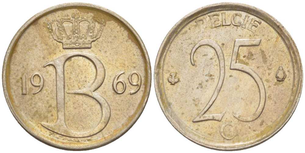 Бельгия 25 сантимов 1969 Belgie, Бодуэн I (1951-1993) KM 154.1 медно-никель 214-147