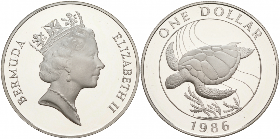 Бермудские острова 1 доллар 1986 серия 25 лет защиты окружающей среды, морская черепаха КМ 49 a серебро PROOF 02-073-14