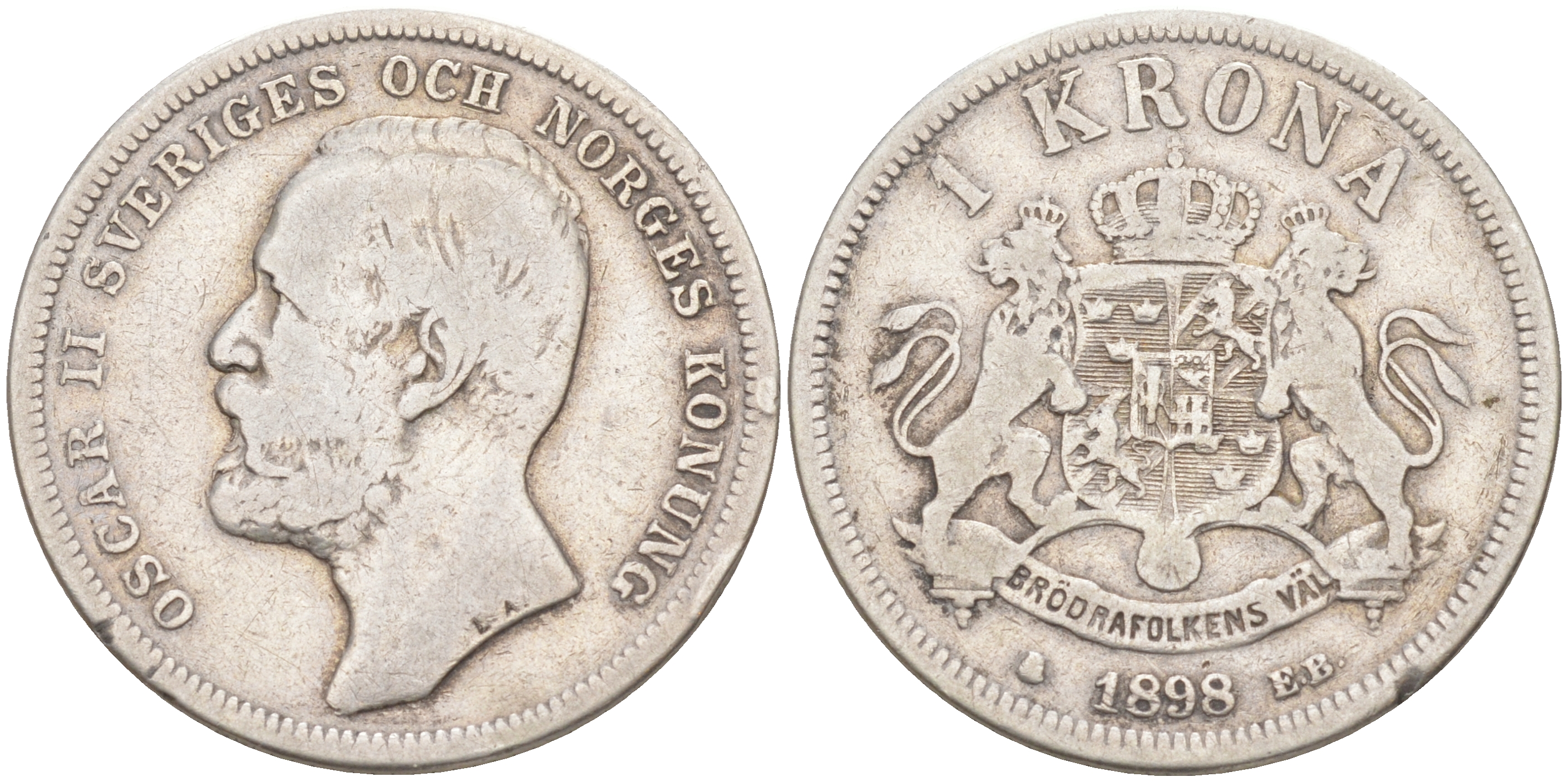 Швеция 1 крона 1898 EB, Оскар II (1872-1907) король Швеции и Норвегии. король Швеции и Норвегии KM 760 серебро 1523-1143