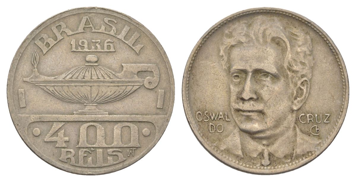 Бразилия 400 реалов 1936 Освалду Крус KM 539 медно-никель 4624-1214