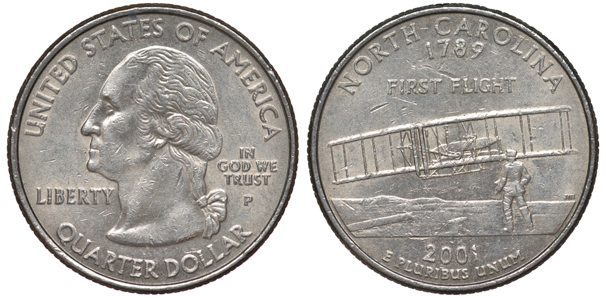 США 25 центов = квотер 2001 Р, серия штаты США, Северная Каролина KM 319 медь плакированная медно-никелем 4538-315