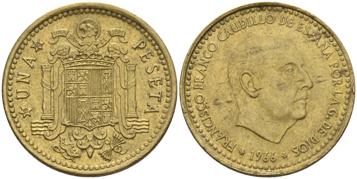 Испания 1 песета 1966 (69) Франсиско Франко (1939-1975) KM 796 алюминиевая бронза 4604-352