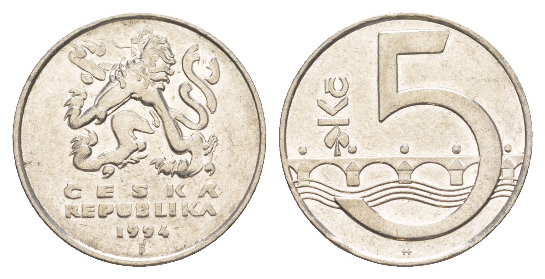 Чехия 5 крон 1994 чешский лев, Карлов KM 8 сталь плакированный никелем 4166-111