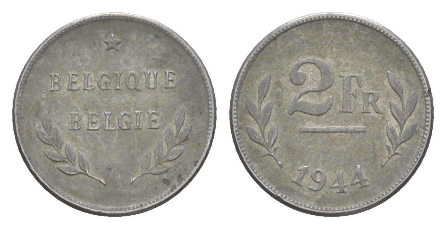 Бельгия 2 франка 1944 KM 133 сталь плакированная цинком 4173-621