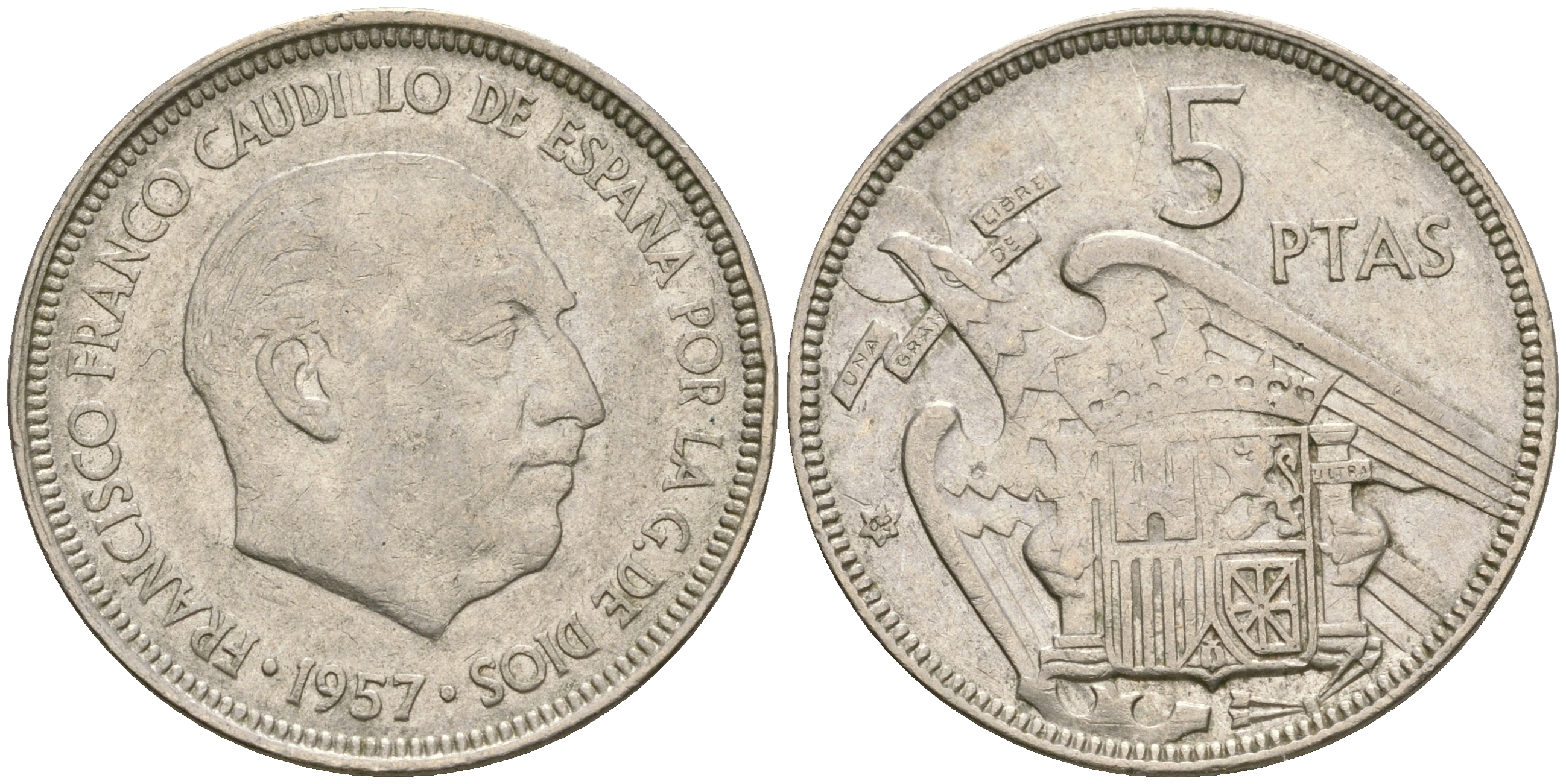 ИСПАНИЯ 5 ПЕСЕТ 1957 (62) ФРАНСИСКО ФРАНКО ДИКТАТОР ИСПАНИИ (1939-1975) KM 786 медно-никель 4364-3425