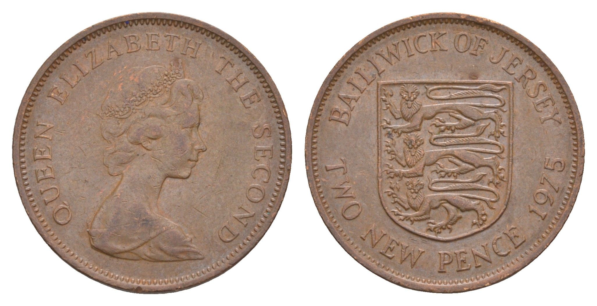 Джерси 2 новых пенса 1975 герб, Елизавета II (1952-2022) KM 31 бронза 4660-212