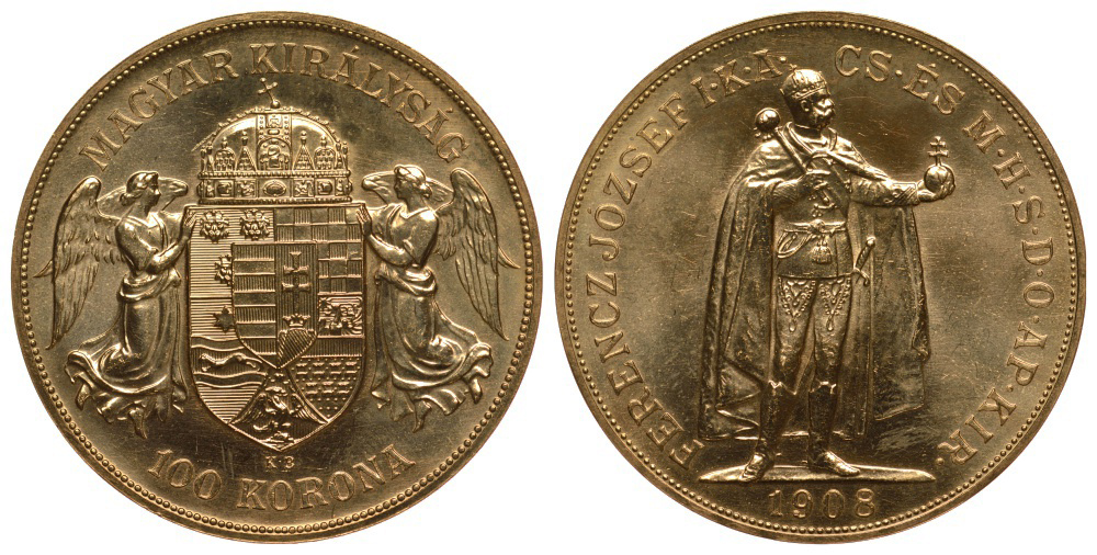 Венгрия 100 корон 1908 U.P, Император Франц Иосиф I (1848-1916), рестрайк KM 491 золото UNC 00-000-00