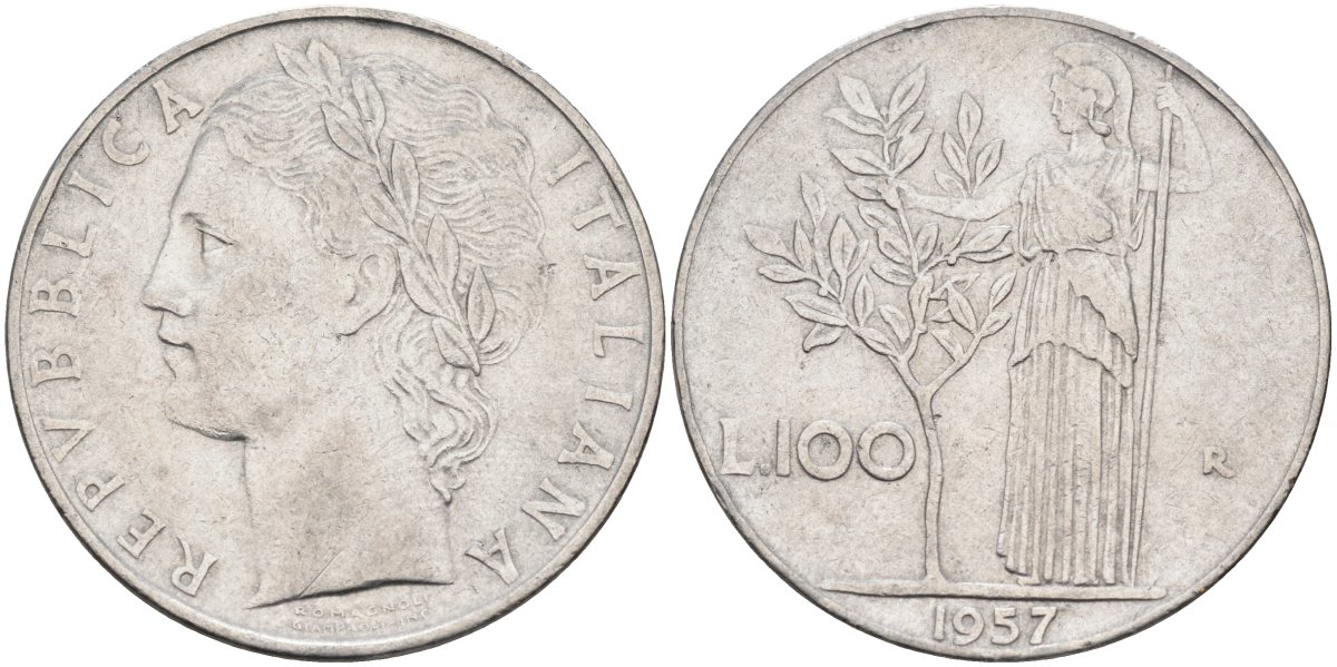 Италия 100 лир 1957 R, Афина в доспехах KM 96.1 нержавеющая сталь 81-1242