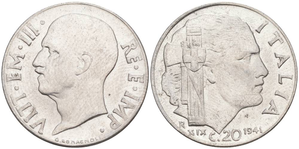 ИТАЛИЯ 20 ЧЕНТЕЗИМО 1941 R, ГОД XIX, ВИКТОР ЭММАНУИЛ III (1900-1946) KM 75b, VEM3. 1028 нержавеющая сталь 3853-621