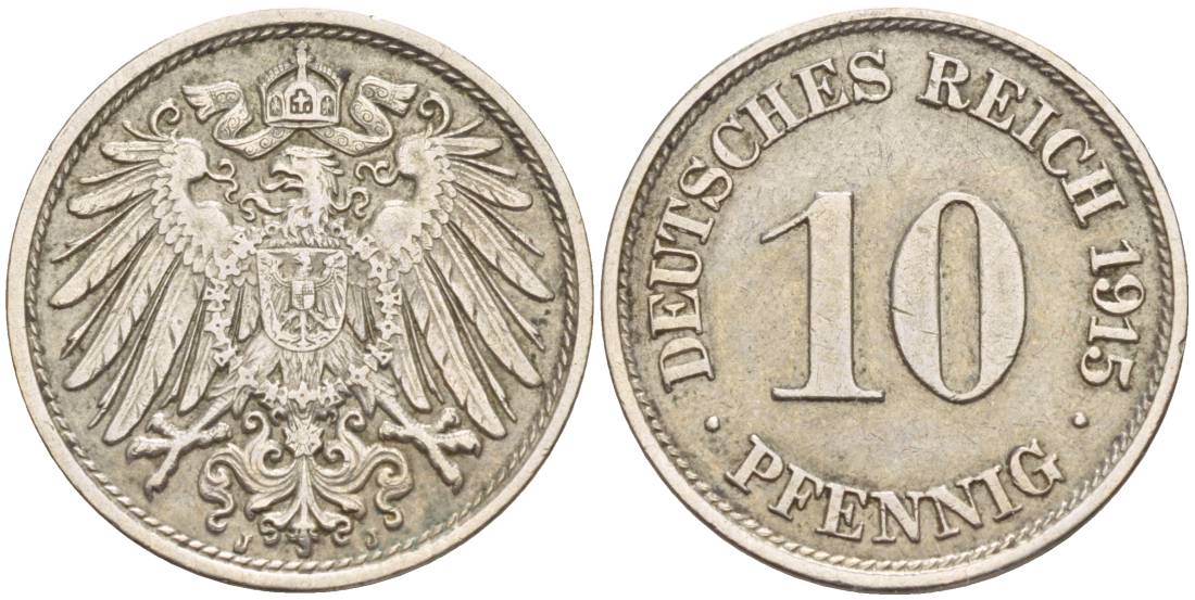 Германия 10 пфеннигов 1915 J KM 12, Jager 13, Weege 8 медно-никель 219-253