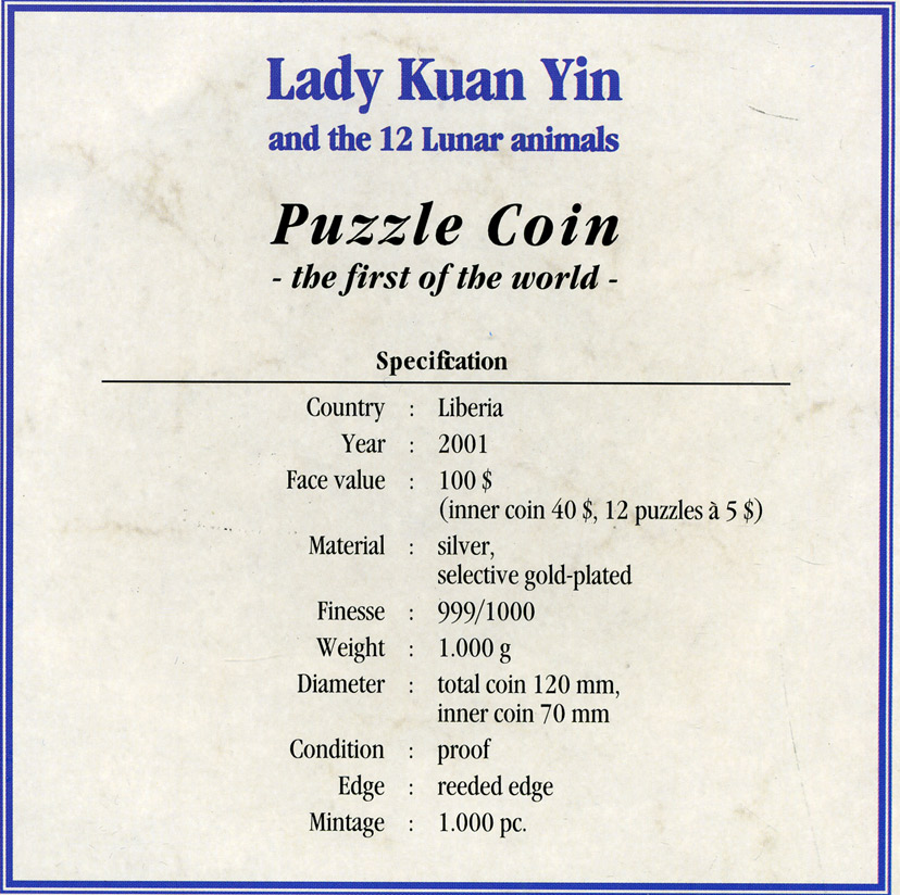 Либерия 40 долларов плюс 12 штук по 5 долларов 2001 леди Куан Янь и лунный календарь 1 килограмм, пазл серебро PROOF 14-01-01-03