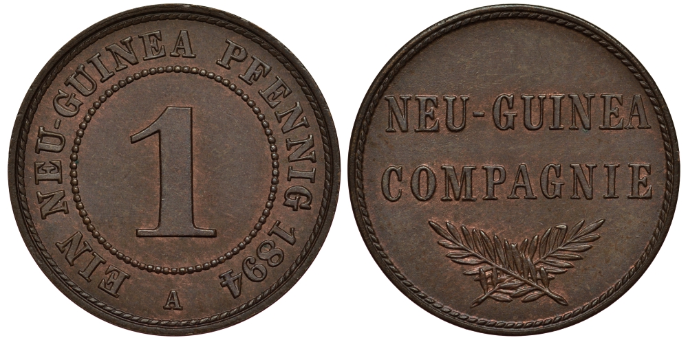Германская Новая Гвинея 1 пфенниг 1894 А, J. 701, KM 1 медь цинк UNC 00-816-66