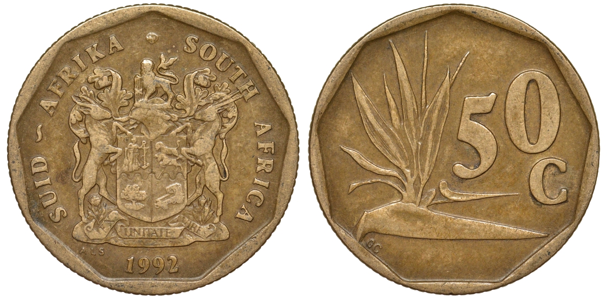 ЮАР 50 центов 1992 цветок KM 137 сталь плакированная латунью 4163-947