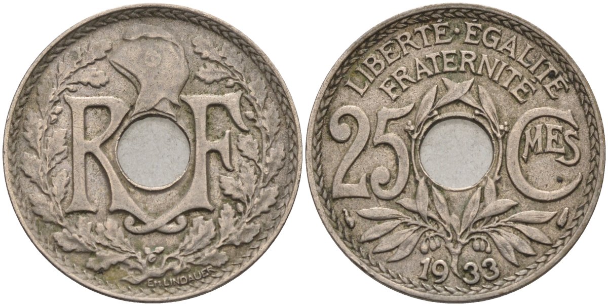 Франция 25 сантимов 1933 тип Линдауэр KM 867a, Le Franc 171 медно-никель 4584-437