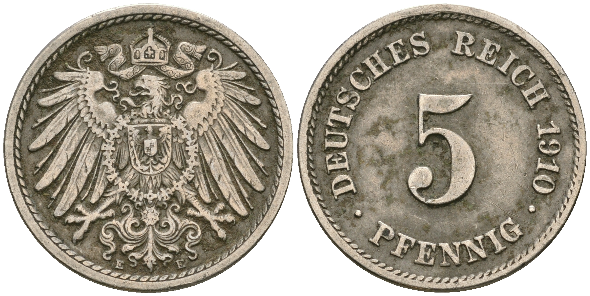Германия 5 пфеннигов 1910 E, KM 11, Jager 12, Weege 6 медно-никель 4608-936