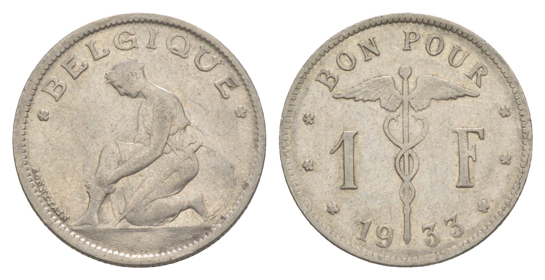 Бельгия 1 франк 1933 Belgique, Альберт I (1909-1934) KM 89 никель 4619-1037