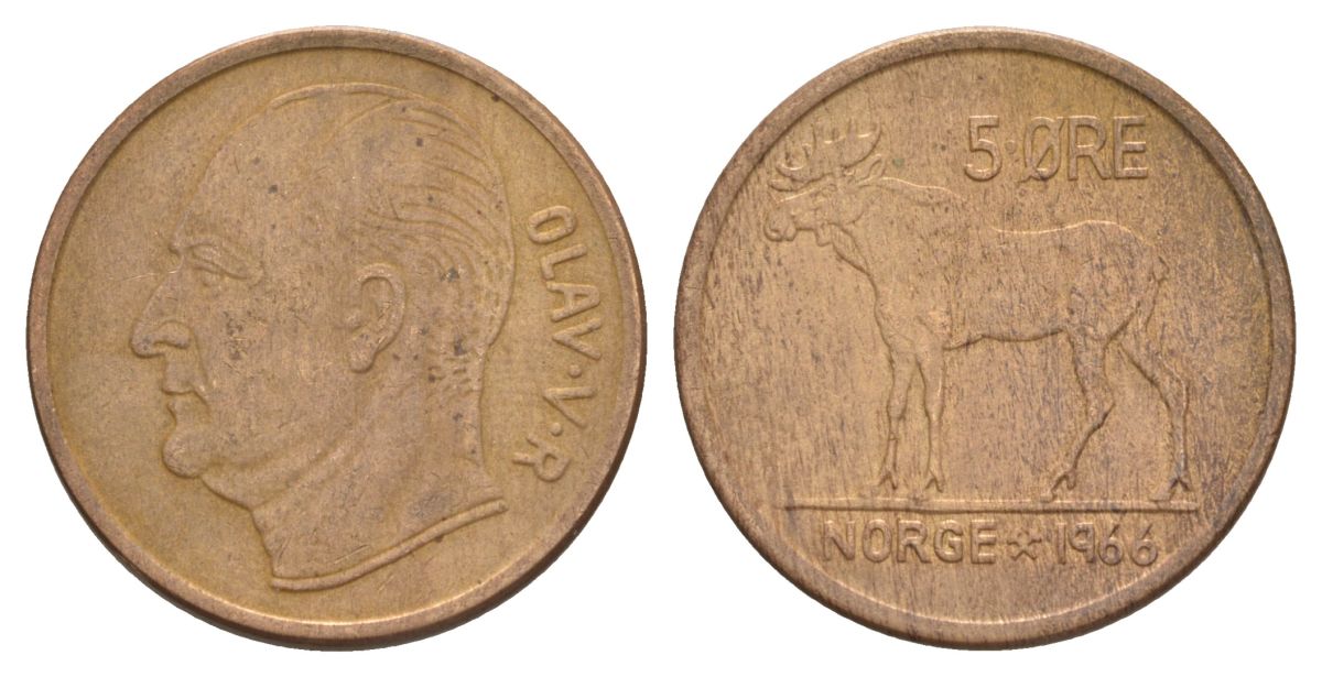 Норвегия 5 эре 1966 Улаф V (1957-1991) KM 405 бронза 4635-613