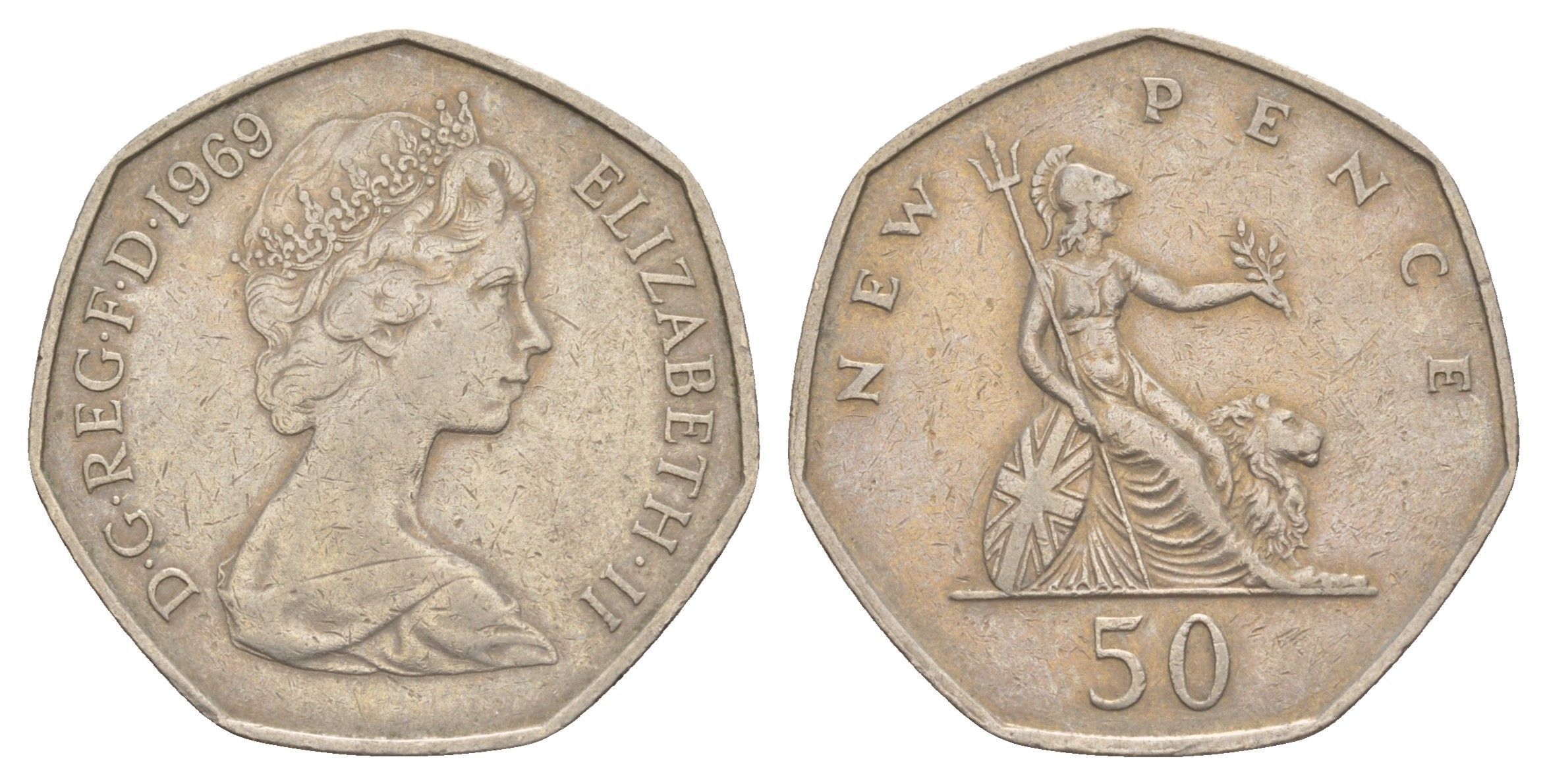 Великобритания 50 пенсов 1969 Елизавета II (1952-2022) KM 913, Spink 4223 медно-никель 4634-546