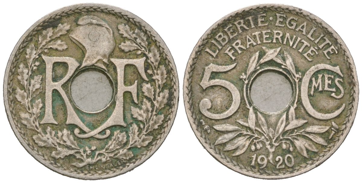 Франция 5 сантимов 1920 KM 865a медно-никель 4615-644