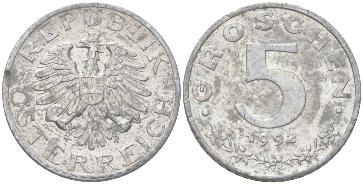 Австрия 5 грошей 1992 редкий год KM 2875 цинк aUNC 4613-1157