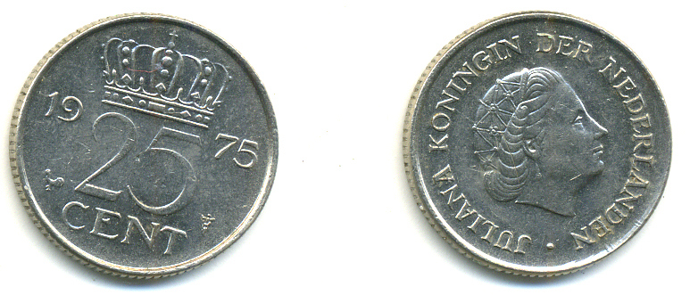 Нидерланды 25 центов 1975 Юлиана (1949-1980) KM 183 никель 83-1024