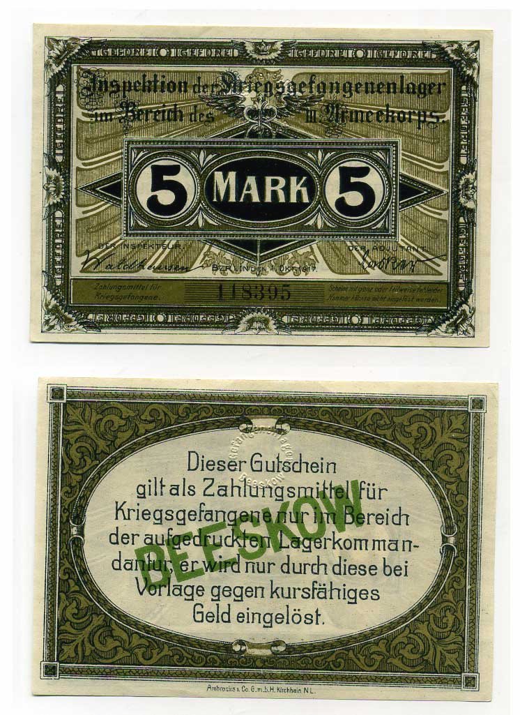 Германия 5 марок 1917 инспекция лагерей военнопленных в Бескове, III-ий Армейский корпус C-2712 бумага UNC (пресс) 000-00-00