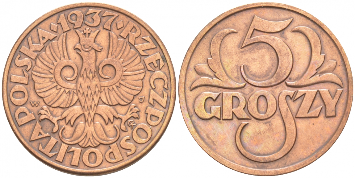 ПОЛЬША 5 ГРОШЕЙ 1937 w KM 10а бронза 100-959