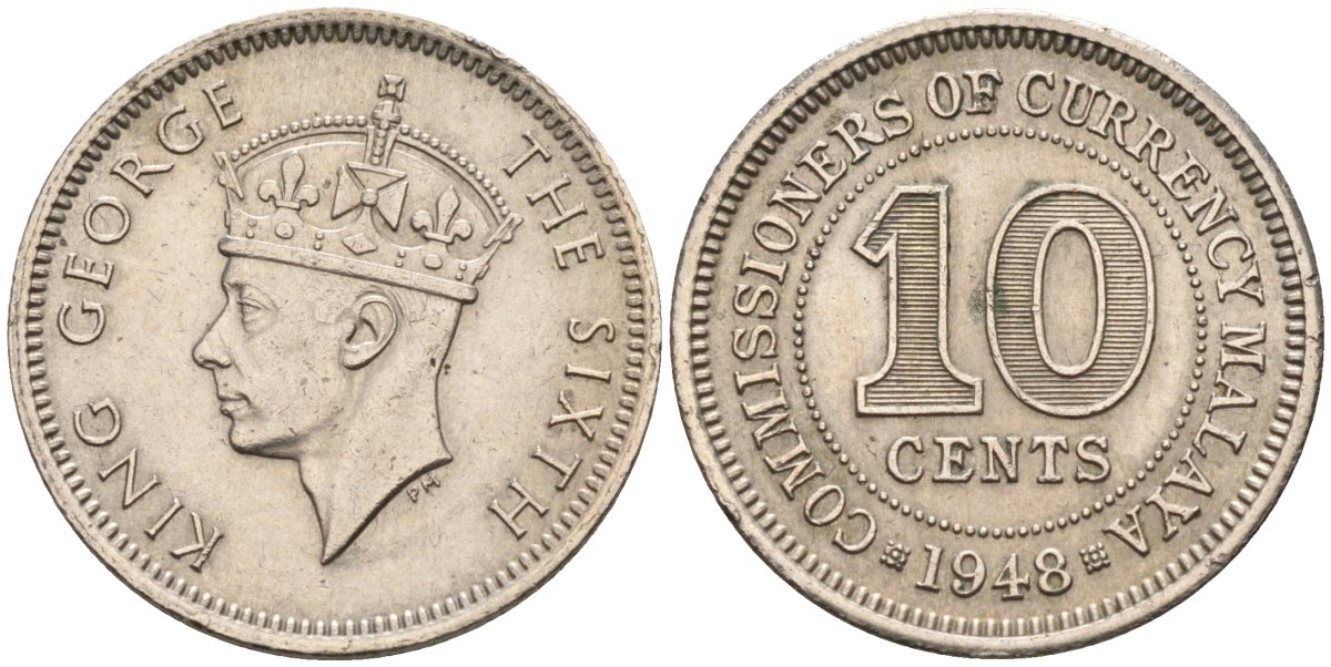 Британская Малайя 10 центов 1948 Георг VI (1937-1952) KM 8 медно-никель 4594-335
