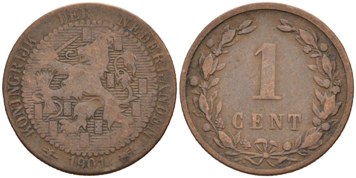Нидерланды 1 цент 1901 Вильгельмина (1890-1948) KM 130 бронза 4576-645