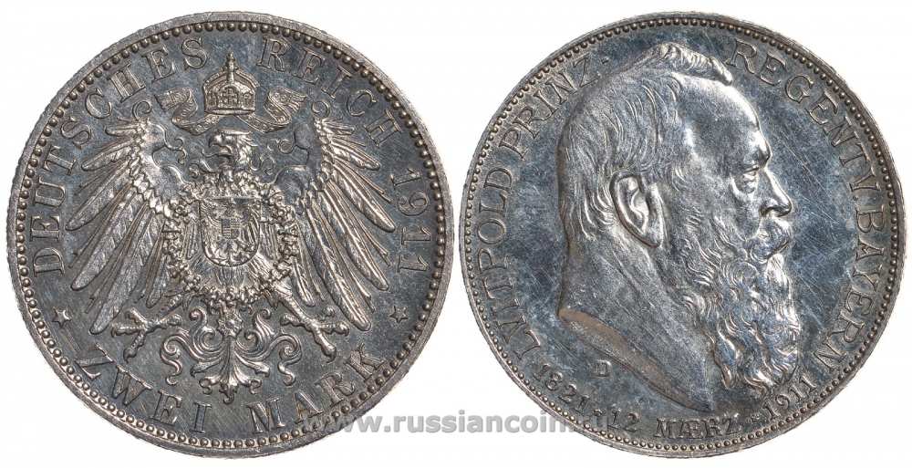 Бавария 2 марки 1911 D, 90 лет принц-регенту Баварии Луитпольду Weege 48, J. 48, KM 516 серебро PROOF 00-805-49