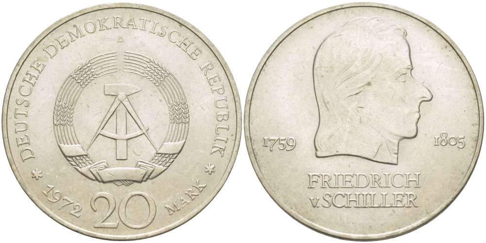 ГДР 20 марок 1972 А, Фридрих Шиллер (1759-1805) KM 40 медно-никель 4521-712