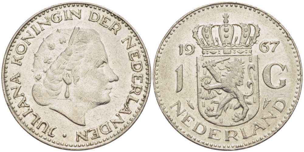 Нидерланды 1 гульден 1967 Юлиана (1948-1980) KM 184а никель 213-953