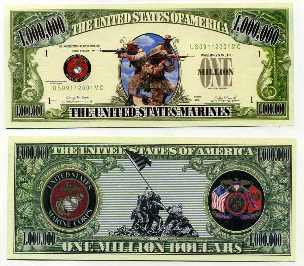 США 1000000 ДОЛЛАРОВ 2001 СУВЕНИРНАЯ БАНКНОТА, СЕРИЯ АРМИЯ США, МОРСКИЕ КОТИКИ бумага UNC (ПРЕСС) 8588-65-3-1