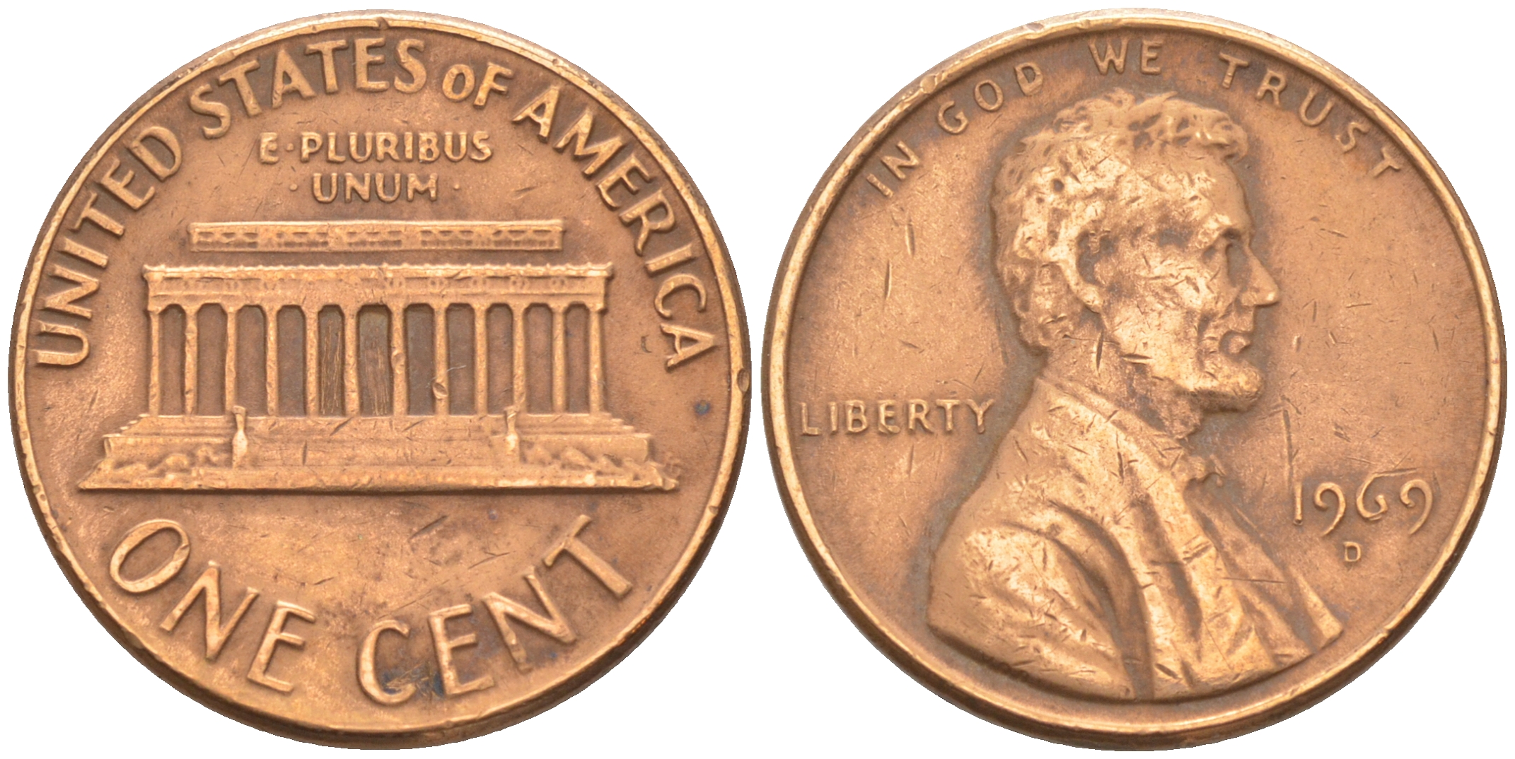 США 1 ЦЕНТ 1969 D, ЛИНКОЛЬН KM 201 медь цинк 188-259