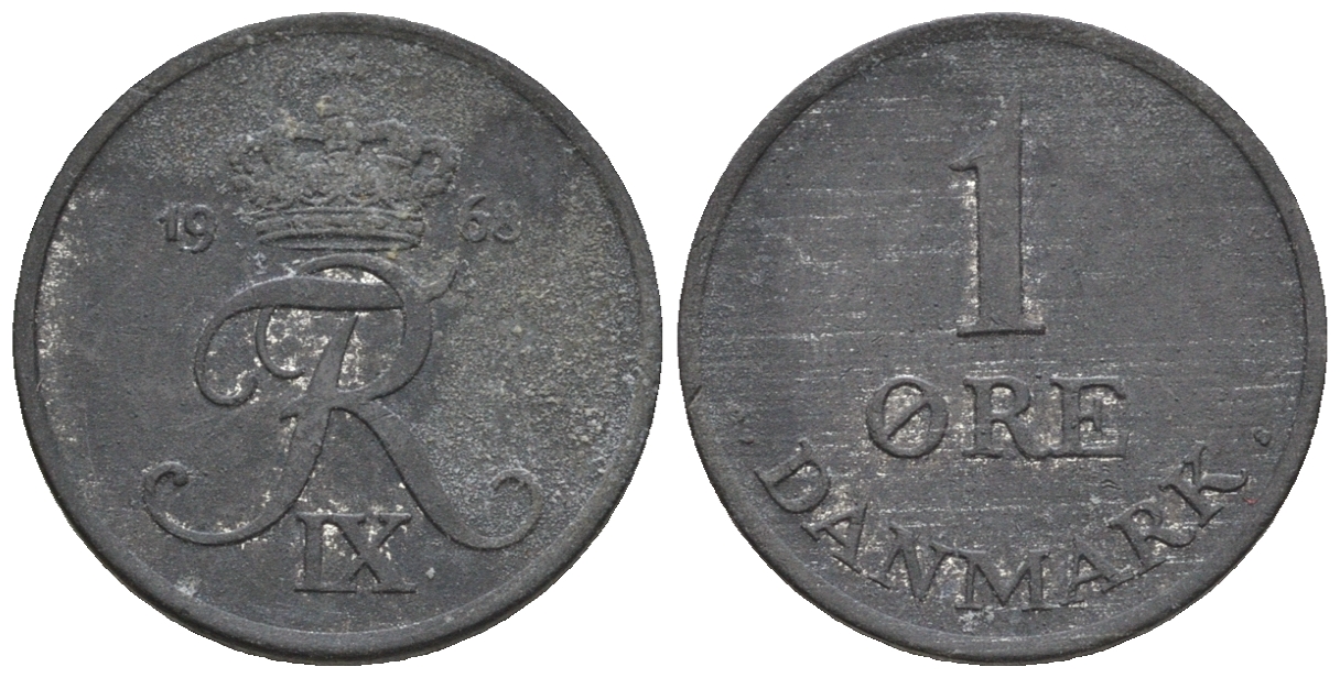 Дания 1 эре 1968 С; S, Фредерик IX (1947-1972) KM 839.2 цинк 4609-1114