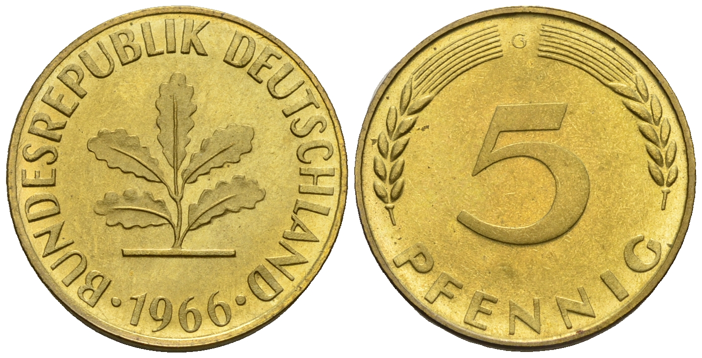 ФРГ 5 пфеннигов 1966 G KM 107, J. 382 сталь плакированная латунью PROOF 1094-7-12