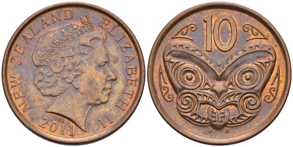 Новая Зеландия 10 центов 2011 маска Маори, Елизавета II (1952-) KM 117а сталь плакированная медью 4114-435