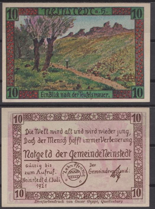 Найнштедт 10 пфеннигов 1921 DeNG 2 933.1a-1/4 бумага UNC (пресс) 8612-50-3-1